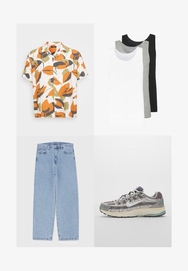 Camisa de manga corta hecha de tejido ligero que presenta un fondo blanco con grandes patrones de hojas naranjas, verdes y grises. Con botones en la parte delantera.; Tres camisetas sin mangas en blanco, gris y negro. Cada una presenta un diseño clásico sin mangas, fabricadas con un tejido de algodón ligero y con una textura acanalada.; Jean de mezclilla azul claro con diseño de pierna recta, con una cintura de altura media, cinco bolsillos y un cierre de botón y cremallera.; Zapatilla deportiva gris con parte superior de malla y ante, acentos blancos, suela acolchada y un diseño distintivo con elementos reflectantes.