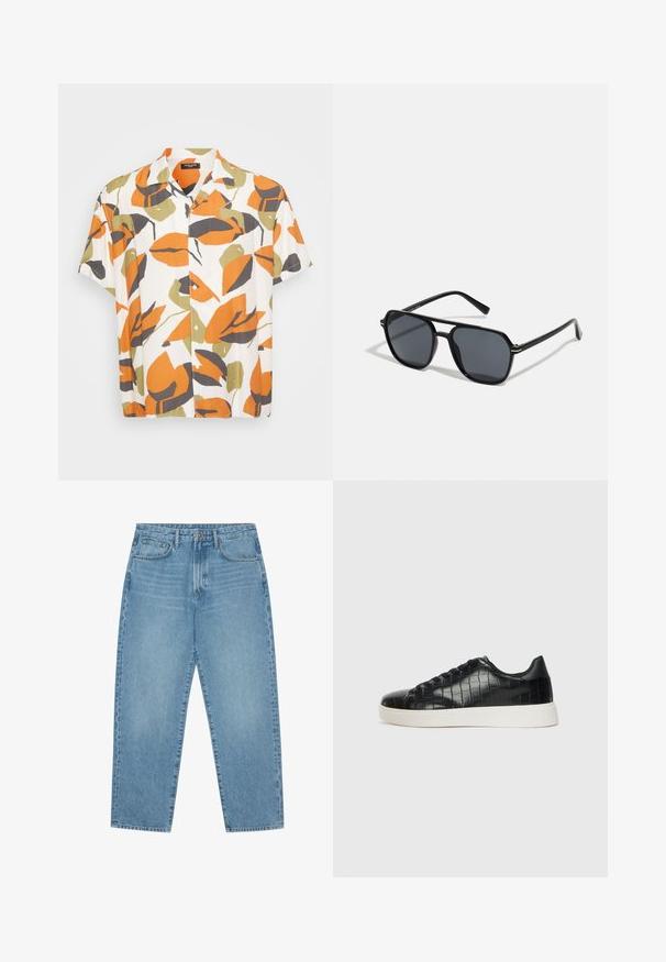 Rövid ujjú ing könnyű anyagból, fehér háttérrel, nagy narancssárga, zöld és szürke levél mintákkal. Gombos elülső rész.; Világoskék farmer széles szárú nadrág magas derékkal, öt zsebből, övhurkokkal és puha, enyhén fakó textúrával.; Fekete sportcipő, amely texturált krokodilbőr felsőrésszel, kerek orral és sima felületű, kontrasztos fehér gumitalppal rendelkezik.; Fekete napszemüveg nyolcszögletű kerettel, sötét lencsékkel, fényes felülettel, vékony szárakkal és arany díszítéssel az elülső részén.