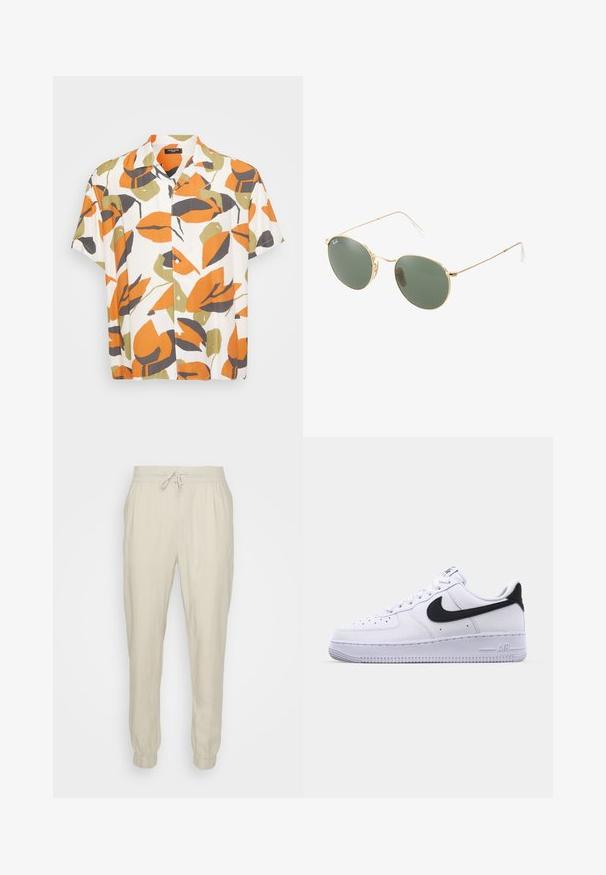 Camisa de manga curta feita de um tecido leve, com um fundo branco e grandes padrões de folhas em laranja, verde e cinza. Frente com botões.; Joggings em linho bege com cintura elástica e cordão ajustável, apresentando punhos elásticos e um corte descontraído. Textura suave.; Sapatilha branca de couro com um Swoosh preto texturizado, atacadores planos e uma sola de borracha com um padrão estriado. "AIR" está gravado no calcanhar.; Óculos de sol com armação metálica dourada e lentes verdes, de forma redonda, com hastes finas e detalhes em plástico branco nas extremidades das hastes.