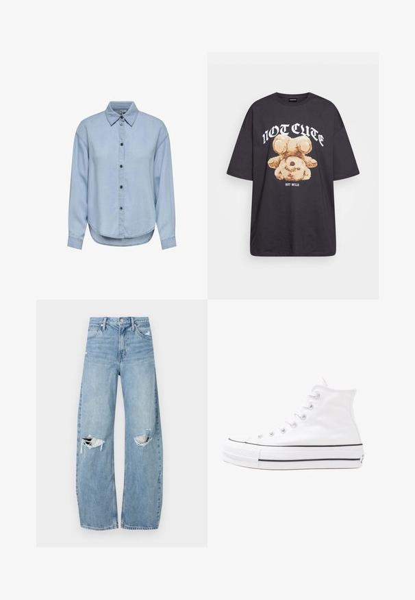 Světle modrá džínová košile s knoflíkovým zapínáním, klasickým límcem a dlouhými rukávy. Má uvolněný střih a zaoblený lem.; Černé oversized tričko s grafikou medvěda a textem „NENÍ CUTE, ALE DIVOKÝ“ v tučném bílém písmu. Bavlněný materiál.; Světle modré džíny s vysokým pasem vyrobené z denimu. Mají široké nohavice, dvě roztržené oblasti na kolenou a klasický pětikapsový střih.; Bílé vysoké plátěné tenisky s černou gumovou podrážkou, přední gumovou špičkou a šesti očky na tkaničky, se čistým, minimalistickým designem.