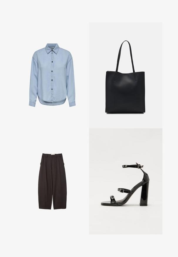 Ljusblå denimskjorta med knappar framtill, klassisk krage och lång ärm. Har en avslappnad passform och rundad nederkant.; Svarta vida byxor i ett mjukt tyg, med hög midja, framfickor och sidofickor. Enkel design utan utsmyckningar.; Svarta lackerade högklackade sandaler med två spännband, fyrkantig tå och en tjock klack, med en slät och glansig yta.; Svart lädertoffelväska med slät textur, rektangulär form och två långa handtag. Ingen synlig hårdvara eller dekorationer.