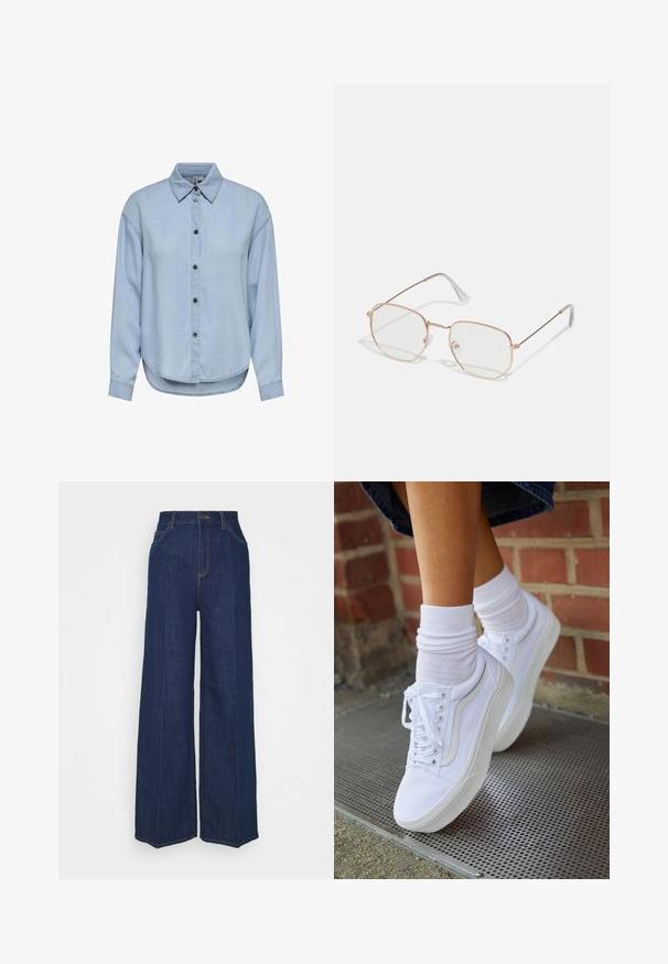 Hellblaue Jeanshemd mit durchgängiger Knopfleiste, klassischem Kragen und langen Ärmeln. Verfügt über eine lockere Passform und abgerundeten Saum.; Hochtaillierte, weit geschnittene, dunkelblaue Jeans aus Denim mit Front- und Gesäßtaschen, Knopfverschluss und sichtbaren Nähdetails.; Weiße Leinensneaker mit Gummisohlen, ausgestattet mit sechs Ösen, runder Zehenpartie und dezenten Nähten, kombiniert mit weißen Knöchelsocken.; Rechteckige Brille mit einem dünnen, rosegoldenen Metallrahmen. Klarsichtgläser, transparente Bügelenden und filigrane Verzierungen um die Gläser.