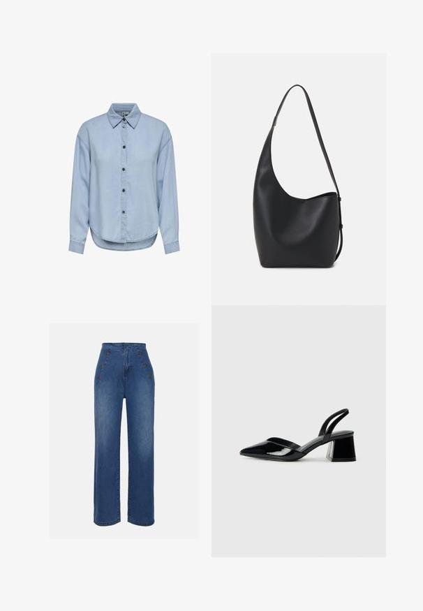 Camisa de mezclilla azul claro con botones en la parte delantera, cuello clásico y mangas largas. Presenta un corte relajado y un dobladillo redondeado.; Jeans de mezclilla de talle alto en azul medio. Presenta detalles de botones en la parte frontal y un diseño de pierna ancha. La tela tiene una textura suave con un ligero desvanecimiento.; Zapatos de tacón slingback de charol negro con punta afilada y tacón geométrico en bloque. Presentan un diseño elegante y minimalista, así como una textura suave.; Bolso tipo hobo de cuero negro con una textura suave, forma curvada y una sola correa ajustable; presenta una amplia apertura en la parte superior.