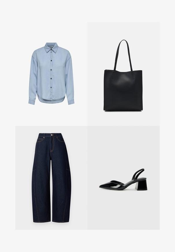 Svetlo modra denim srajca z gumbi spredaj, klasičnim ovratnikom in dolgimi rokavi. Ima sproščen kroj in zaobljen rob.; Široke temno modre kavbojke z kontrastnimi oranžnimi šivi, petimi žepi ter gumbom in zadrgo na pasu.; Črne lakirane slingback pete s koničastim nosom in geometrijsko blokasto peto. Imajo eleganten, minimalističen dizajn in gladko teksturo.; Črna usnjena torba s svilnato teksturo, pravokotne oblike in dvema dolgima ročajema. Brez vidnih metalnih delov ali okrasnih elementov.