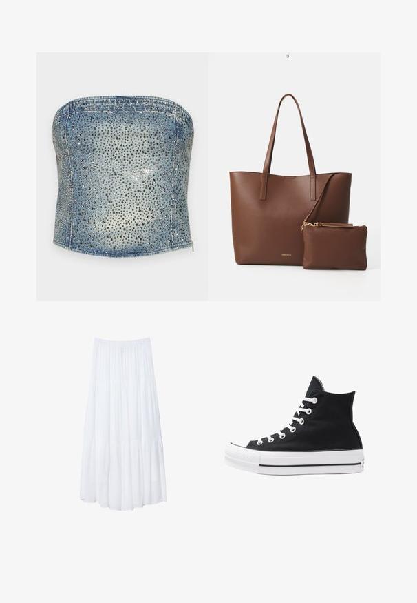 Gestuz CORSAGE - Top - mid blue washed; Bijela, slojevita maksi suknja od laganog materijala. Ima fleksibilnu elasticnu tačnu i lepršav dizajn s mek teksturom.; Visoke crne platnene tenisice s bijelim rupama, vezicama i gumenim potplatom. Imaju teksturirani vrh i crno-bijele pruge kao ukrase.; Smeđa torba od umjetne kože s dva duga ručka i odgovarajućom malom torbicom. Površina ima teksturirani uzorak i zlatne metalne detalje.