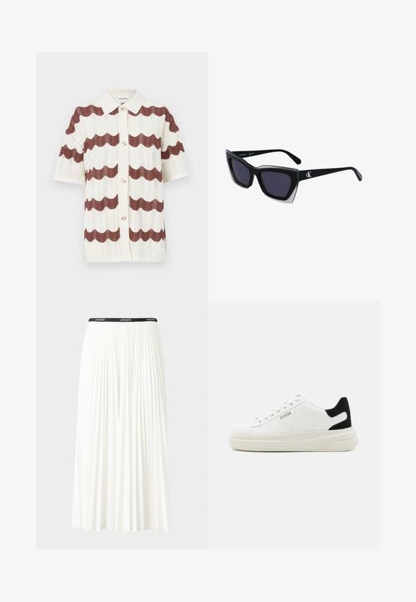 Kötött, rövid ujjú kardigán hullámos mintával sötétbarna és krémszínben, gallérral és gombos záródással. Texturált anyag.; Plisszírozott fehér szoknya fekete elasztikus derékkal, amelyen a "LACOSTE" logó található. Középhosszú kialakítás, puha tapintással.; Fehér bőr sportcipők vastag fehér talppal, fekete velúr sarokpikkelyel és dombornyomott logóval az oldalon. Fűzős kialakítás, hat fűzőlyukkal.; Fekete, nagyméretű napszemüveg geometrikus formával, sötét lencsékkel és kontrasztos szürke részlettel a kereten. Logó a szárán.