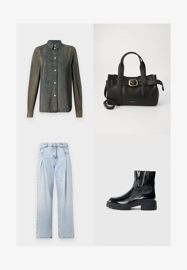 Ciemnozielona koszula dżinsowa z zapięciem na guziki, spiczastym kołnierzykiem, długimi rękawami i srebrnymi guzikami, wykonana z miękkiego, teksturowanego materiału.; Jasnoniebieskie dżinsy z wysokim stanem, szerokimi nogawkami, dwoma bocznymi kieszeniami oraz plisowanym wzorem. Miękka tekstura z wyblakłym wykończeniem.; Czarne botki sięgające kostki o błyszczące wykończenie z lakierowanej skóry, masywna czarna gumowa podeszwa i podwyższony obcas; zawierają subtelny detal z logo z boku.; Czarna skórzana torebka o zorganizowanej konstrukcji, z podwójnymi uchwytami u góry, akcentem w postaci złotego zapięcia oraz wytłoczonym logo marki z przodu.