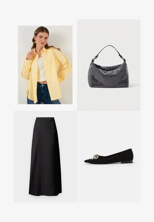 LELA LOOSE FIT - Button-down blouse - yellow; Dark gray sleeveless top with a twisted design at the shoulder, made from smooth fabric with a fitted shape and clean hemline.; Black satin maxi skirt with a smooth texture, high-waisted design, flowing silhouette, and no visible patterns or hardware details.; Black suede flat shoe with a pointed toe, adorned with a decorative silver bow detail on the front, featuring a low heel.; Black and silver handbag with a woven, textured surface featuring square patterns, a single top handle, and a slouchy design.