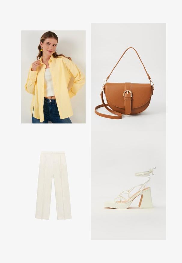 LELA LOOSE FIT - Button-down blouse - yellow; Wide-legged trousers in a light cream color. Made from a smooth fabric with pleats at the front and side pockets.; White high-heeled sandal with a chunky heel, featuring a strappy design and ankle tie. Smooth texture with a platform front for added height.; Brown leather crossbody bag with a curved shape, gold hardware, and a buckle accent. Features a detachable shoulder strap.