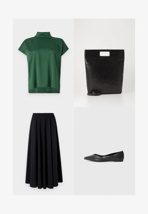 Zelena majica s kratkimi rokavi in z ovratnikom, izdelana iz gladkega blaga. Ima sproščen kroj in subtilen lesk, z zaponko na hrbtni strani ovratnika.; Črna, dolga krila iz mehkega blaga z širokim, nabranim elastičnim pasom in gladkim, tekočim dizajnom. Brez vzorcev ali dodatkov.; Črne usnjene balerinke s koničastim noskom, nizko peto in gladko teksturo. Minimalističen dizajn s subtilnim stranskim naglasom.; Črna usnjena torba s kvadratnim ročajem, ki ima teksturirano obdelavo in vtisnjen logotip. Vključuje odstranljiv trak.