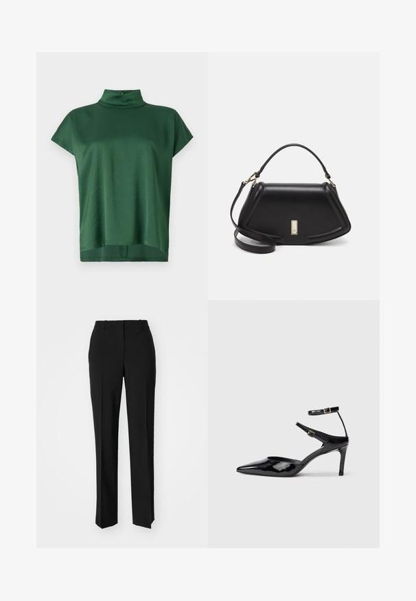Grønn kortermet topp med høy krage, laget av glatt stoff. Har en avslappet passform og en subtil glans, med lukking bak på kragen.; Sorte skreddersydde bukser med rett silhuett, med en glatt tekstur og klare pressede bretter foran. Ingen synlig maskinvare.; Sorte lakkede hæle med spids tå, justerbare ankelstropper og en slank hæl. Glat tekstur med en skinnende overflade.; Sort lærveske med en strukturert design, som har en avkortet form, topphåndtak og detaljer i gull. Justerbar skulderstropp inkludert.