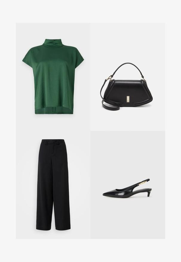 Top verde a maniche corte con collo alla coreana, realizzato in tessuto morbido. Presenta una vestibilità comoda e una leggera lucentezza, con chiusura sul collo sul retro.; Pantaloni neri a gamba larga realizzati in tessuto morbido, con un design a vita piatta, dettagli plissettati e passanti per cintura in vita.; Tacchi slingback in pelle nera con punta affusolata, caratterizzati da un tacco alto e un accento dorato sulla cinghia regolabile. Texture liscia.; Borsa a mano in pelle nera con un design strutturato, caratterizzata da una forma corta, manico superiore e accessori in metallo dorato. Inclusa tracolla regolabile.