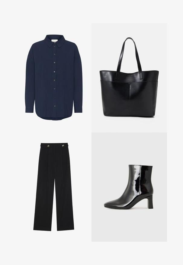 Sötét tengerészkék hosszú ujjú ing klasszikus gallérral, gombos elülső záródással és laza szabással. Finom textúrával és lekerekített alsórésszel rendelkezik.; Fekete, bő szárú nadrág magas derékkal, gombos részletekkel a derékrészen és elülső pliszékkal.; Fekete lakk bőrcipő bokáig érő, hegyes orral és közepes magasságú tömbsarokkal. Simább textúrával és minimalista dizájnnal rendelkezik.; Fekete bőr bevásárlótáska két hosszú fogantyúval, sima felülettel és strukturált formával. Elülső zseb található rajta a plusz tárolás érdekében.