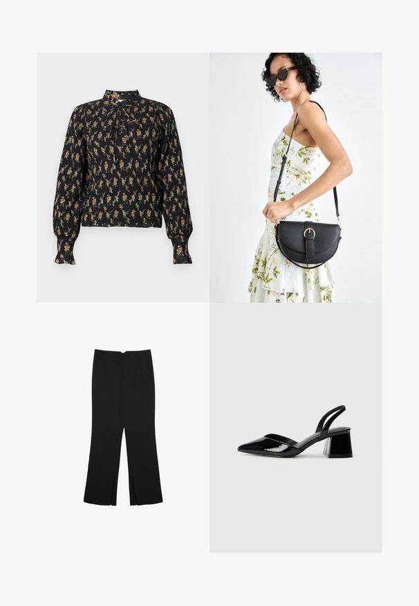 Svart blus med långa ärmar och orange-beige blommönster, skrynklig textur, hög krage och knytband framtill.; Svarta byxor med rak passform, utrustade med framfickor och sidoklyvningar vid fållen. Tillverkade av mjukt, slätt tyg. Lämpliga för olika tillfällen.; Svarta lackläder slingback klackar med spetsig tå och geometrisk klack. Har en elegant, minimalistisk design och slät yta.; Svart läderhandväska med en böjd form, avtagbar rem och guldiga detaljer. Väskan har ett lock med en spänndetalj.