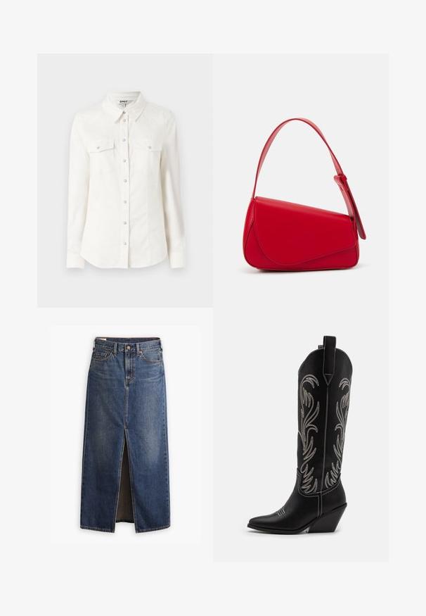 White long-sleeve shirt with a collar, featuring two chest pockets and silver button closures. Made of a smooth, lightweight fabric.; Levi's® ANKLE COLUMN SKIRT - Maxi skirt - wave hello; Black leather cowboy boots with pointed toes, wedge heels, and silver embroidered floral patterns along the shaft. Contrast stitching throughout.; Red leather handbag with an angular, geometric design. Features a single adjustable strap and a flap closure with stitched detailing.