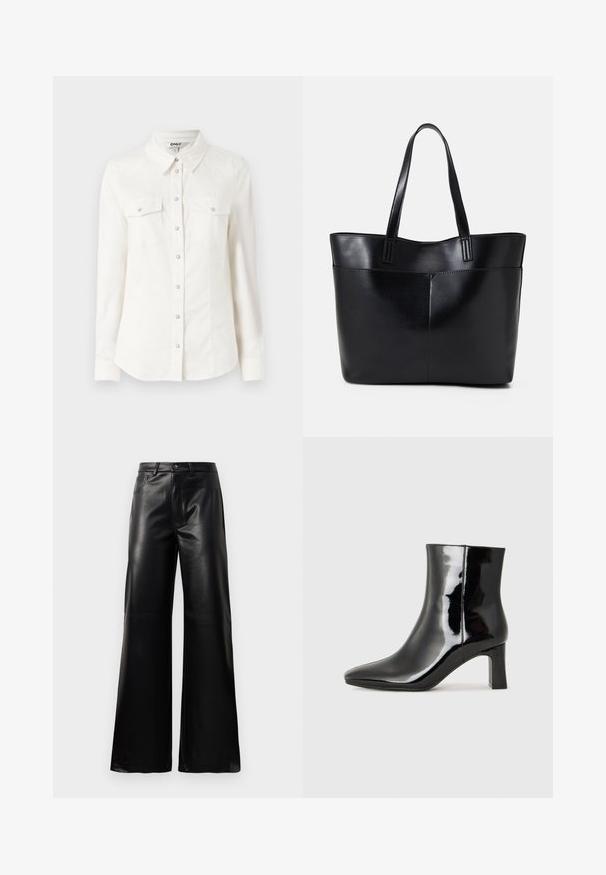 Biela košeľa s dlhým rukávom a golierom, s dvoma náprsníkovými vreckami a striebornými gombíkmi. Vyrobená z hladkej, ľahkej tkaniny.; Čierne vysokopriestené široké nohavice z umelého kože s predným gombíkom, zipsom, pútkami na opasok a bočnými vreckami na bielom pozadí.; Čierne lakované členkové topánky s špicatou špičkou a stredne vysokým blokovým podpätkom. Hladká textúra a minimalistický dizajn.; Čierna kožená tote taška s dvoma dlhými rúčkami, hladkým povrchom a štruktúrovaným tvarom. Obsahuje prednú kapsu pre dodatočné uskladnenie.