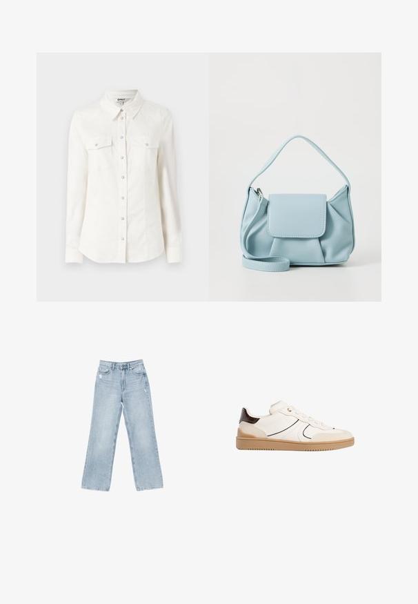 White long-sleeve shirt with a collar, featuring two chest pockets and silver button closures. Made of a smooth, lightweight fabric.; Light blue denim jeans with a wide-leg cut, distressed detailing, five-pocket design, and a zip-fly closure.; Stradivarius Trainers - white; Light blue leather handbag with a top handle, front flap pocket, and detachable wrist strap on a white background.