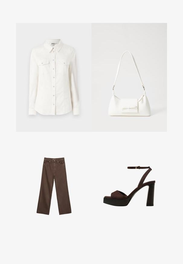 Hvid skjorte med lange ærmer og krave, med to brystlommer og sølvfarvede knaplukninger. Fremstillet af et glat, let vævet stof.; Bredde ben brun denim jeans med høj talje, forlommer og klassisk knaplukning. Glat tekstur med diskret syninger.; Brune ruskinds højhælede sandal med åben tå, justerbar ankelrem og en stribet plade sål.; Hvid syntetisk håndtaske med en trekantet form, flad forsideklap og sløjfedetalje, justerbar strop, glat tekstur og minimalistisk design.