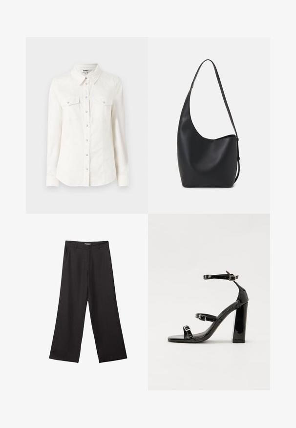 Bela srajca z dolgimi rokavi in ovratnikom, z dvema žepoma na prsih in srebrnimi gumbi. Narejena iz gladkega, lahkega materiala.; Črne široke hlače iz gladkega materiala, z sprednjim zadrgo in dvema stranskima žepoma, s prilagojenim krojem in minimalističnim dizajnom.; Črne lakirane sandale s peto, kvadratnim prstom, trakovi okrog gležnja in srebrnimi zaponkami. Opremljene so s stabilno Debelo peto.; Črna usnjena hobo torba z gladko teksturo, ukrivljeno obliko in eno nastavljivo naramnico; ima širok odprtina na vrhu.