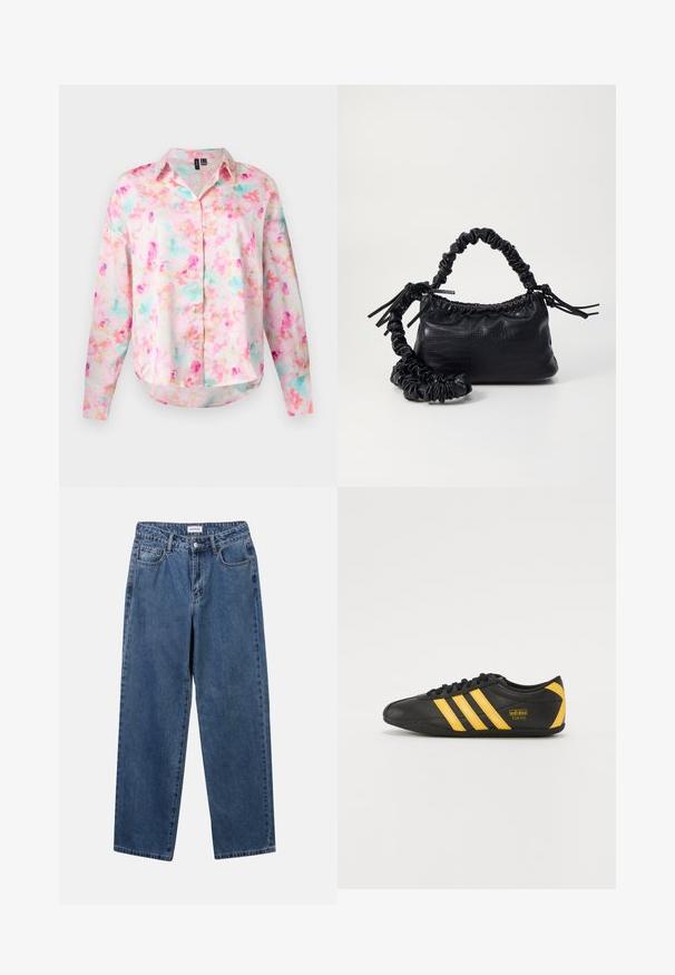 Košeľa na gombíky z ľahkého materiálu, s kvetinovým vzorom v odtieňoch ružovej, modrej a žltej. Dlhé rukávy s zaobleným lemom.; Klasické modré džínsy z denimu so strihom rovného strihu, piatimi vreckami a zapínaním na gombík. Majú stredné praním a pevnú textúru.; Čierne kožené atletické topánky s žltým trojpruhovým dizajnom, okrúhlou špičkou, čiernymi šnúrkami a malým logom na strane. Nízky profil.; Čierna umelá kožená kabelka s kroko vzorom, sťahovaným vrchom a zhnutým popruhom. Vyzerá mäkko a kompaktné v dizajne.