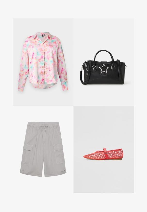 Button-up shirt in light fabric, featuring a floral pattern in pink, blue, and yellow hues. Long sleeves with a rounded hem.; Gray cargo shorts with an elastic waistband, drawstring closure, two side pockets, and two large cargo pockets. Smooth fabric texture.; Red, mesh flat shoes with an open weave design, pointed toe, and an adjustable strap featuring a metallic buckle across the instep.; Black handbag made of faux leather featuring a star-shaped silver accent, dual handles, and an adjustable shoulder strap.