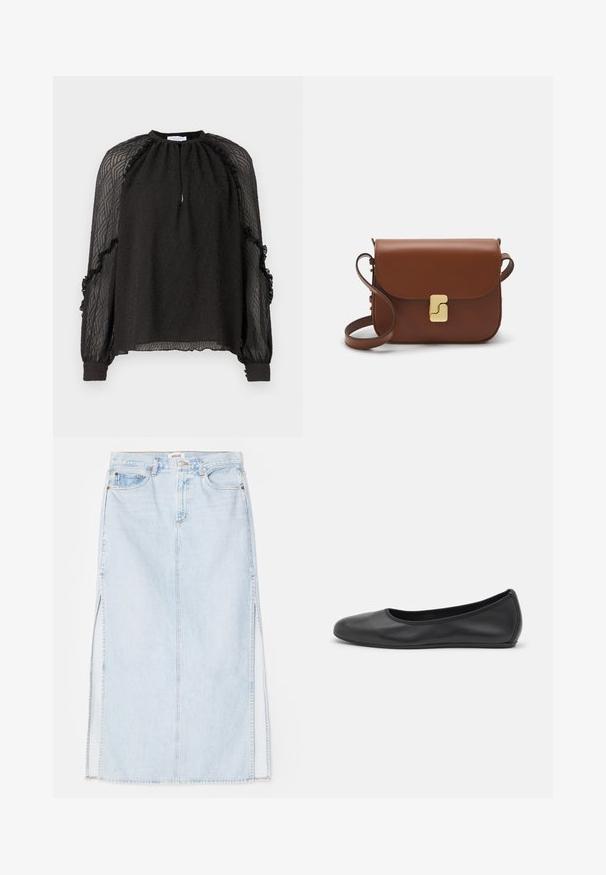 Hofmann Copenhagen XENIA - Blúzka - black; Svetlo modrá dlhá riflová sukňa so strihom na rovno, s bočnými rozparkami a dizajnom s piatimi vreckami. Výrazné prešívanie a kovový zips na zapínanie.; Čierne kožené baleríny s okrúhlou špičkou, hladkým povrchom, minimálnym prešívaním a flexibilným dizajnom podrážky.; Hnedá kožená kabelka s klopou, zlatými kovovými prvkami, ramenným popruhom a hladkým povrchom. Kompaktný obdĺžnikový tvar.
