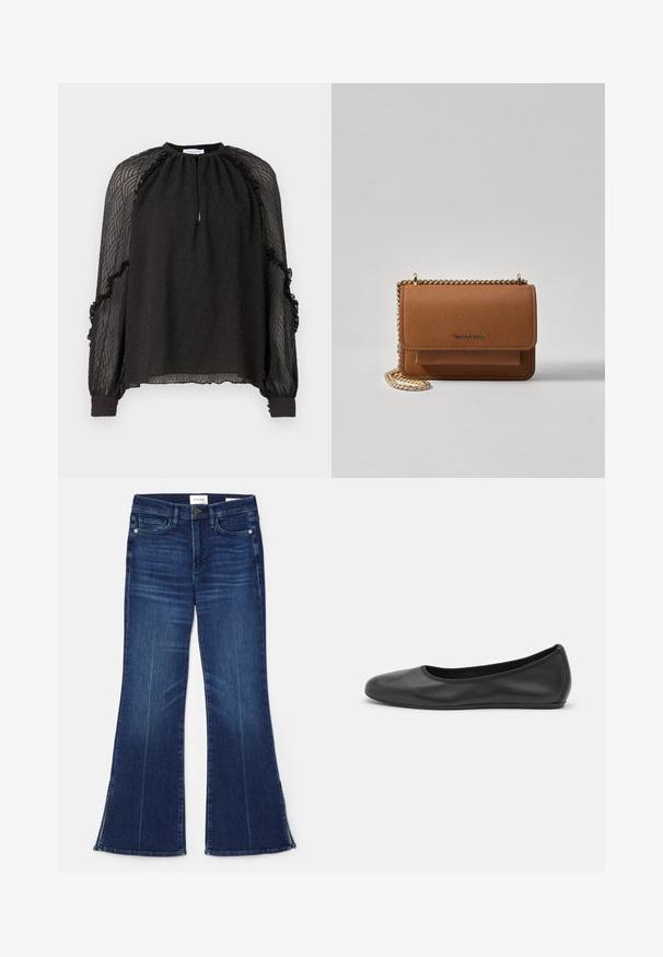 Hofmann Copenhagen XENIA - Blusa - black; Vaqueros acampanados de color azul oscuro, hechos de mezclilla. Presentan una cintura alta, bolsillos frontales y detalles de abertura en el dobladillo. Diseño clásico de cinco bolsillos.; Bailarina de piel negra con punta redondeada, textura suave, detalle de costura minimalista y diseño de suela flexible.; Bolso crossbody de cuero texturizado marrón con correa de cadena dorada y cierre de solapa. La parte frontal presenta un detalle de logo y un bolsillo debajo de la solapa.