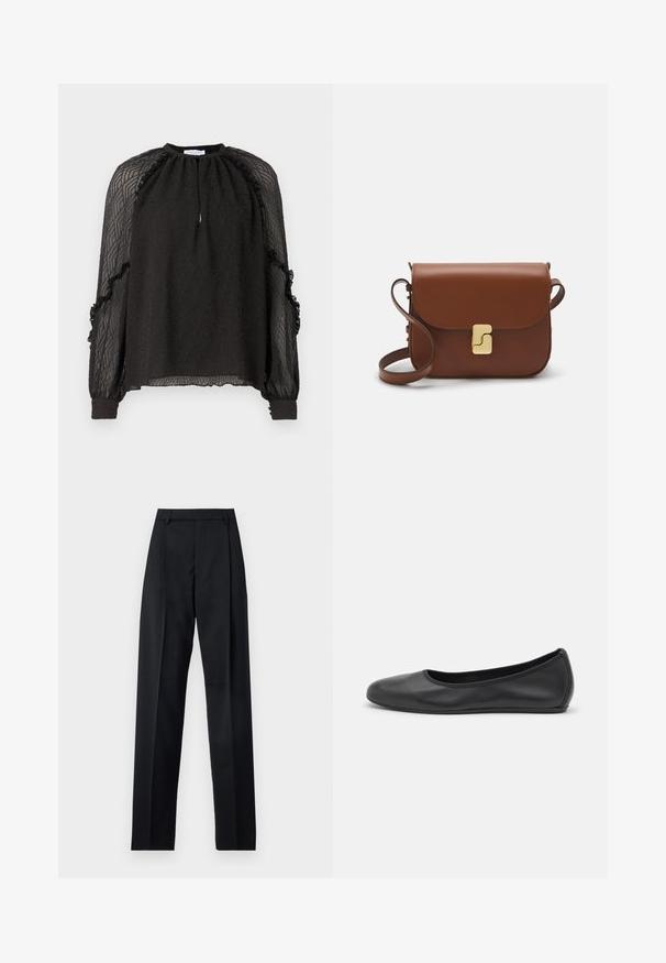 Hofmann Copenhagen XENIA - Blůza - black; Černé kalhoty vyrobené z hladké tkaniny, vybavené vysokým pasem, širokými nohavicemi, předními záhyby a klasickými poutky na opasek. Nejsou viditelné boční kapsy.; Černé kožené baletní byty s kulatou špičkou, hladkou texturou, minimálními švy a flexibilním designem podrážky.; Hnědá kožená kabelka s klopou, zlatými kovovými detaily, ramenním popruhem a hladkým povrchem. Kompaktní obdélníkový tvar.