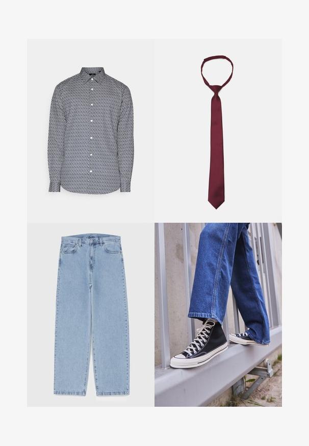 Koszula z długim rękawem w czarno-białym kolorze z geometrycznym wzorem, z kołnierzykiem zapinanym na guziki, w regularnym kroju, z zapięciem na guziki z przodu.; Jasnoniebieskie dżinsy o prostym kroju nogawki, z średnim stanem, pięcioma kieszeniami oraz zapięciem na guzik i zamek błyskawiczny.; Czarne sneakersy za kostkę z białą podeszwą i sznurówkami, w połączeniu z luźnymi niebieskimi dżinsami, opierające się na szarym balustradzie.; Burgundowa satynowa krawatka o gładkiej fakturze, wąskim rozmiarze i zakończeniu w szpic; posiada pętlę umożliwiającą łatwe noszenie.