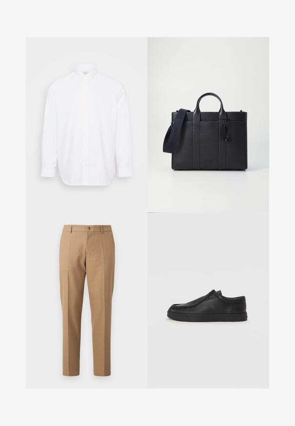 Balta ilgos rankovės marškiniai, pagaminti iš medvilnės, su klasikiniais apykaklėmis, su mygtukų uždarymu ir apvaliu kraštu. Lygus, vientisas tekstūra.; Smėliniai pritaikyti kelniai su tiesiu sijonu, turintys vieną priekinį raukšlę, užsegama sagtimi ir subtiliomis siuvimo detalėmis.; Juodos odinės supjamintus batelius su apvaliu pirštu, siuvinėtu akcentu ir juodu guminiu padu. Lygus tekstūra su minimalistišku dizainu.; Tamsiai mėlynas odinis portfelis su dviem viršutinėmis rankenomis ir nuimamu diržu. Yra tekstūruotas paviršius, vertikalios siūlės ir logotipo detalė.