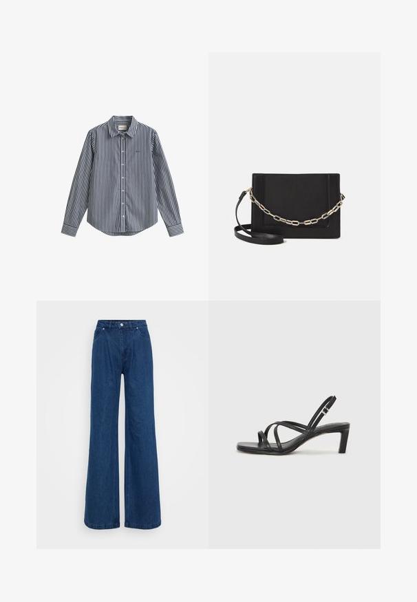 Marineblå og hvide stribet skjorte med knapper, krave, lange ærmer og afrundet kant. Har en lille logo på brystet.; Bredbenede blå denimjeans med høj talje, frontknap og lynlås lukning, samt for- og baglommer på en ensfarvet baggrund.; Sort remsandale med firkantet tå og en lav blokeret hæl. Har flere tynde stropper og en justerbar ankelrem. Fremstillet af glat læder.; Sort læder crossbody taske med en glat tekstur, rektangulær form og en metallisk kæde detalje foran. Justerbar skulderrem inkluderet.