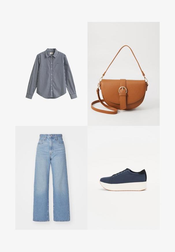 Granatowo-biała koszula w paski na guziki z kołnierzykiem, długimi rękawami i zaokrąglonym dołem. Na piersi znajduje się niewielkie logo.; Jasnoniebieskie jeansy z wysokim stanem i szerokimi nogawkami, z zapięciem na guziki i zamek z przodu, przednie i tylne kieszenie, na białym tle.; Granatowe trampki z teksturowanej tkaniny, biała platforma, okrągły nosek i czarny akcent na pięcie. Posiadają sześć oczek na sznurówki.; Brązowa skórzana torba na ramię o zaokrąglonym kształcie, ze złotymi akcentami i zapięciem w formie klamry. Posiada odpinany pasek na ramię.