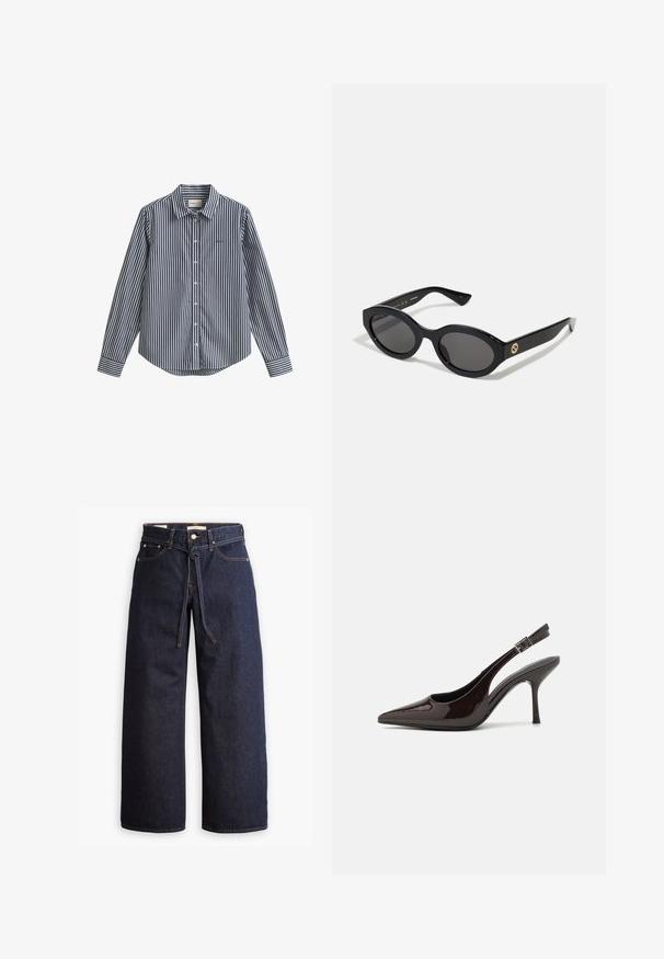 Marineblauw-wit gestreept overhemd met knopen, een kraag, lange mouwen en een afgeronde zoom. Voorzien van een klein logo op de borst.; Wijd pijpjes donkerblauwe denim jeans met een hoge taille, voorzien van een trekkoord, vijf zakken en contrasterende stiksels.; Slingback hoge hak schoen in glanzend donkerbruin patentleer, puntige neus, open zijkanten en verstelbare enkelband.; Zwarte ovale zonnebril met donkere glazen en een glanzend kunststof frame. Heeft een gouden logo op de poot, dat een strakke en moderne uitstraling biedt.; Bruine handtas met een patroon, van een gestructureerde stof, bruine leren schouderriem en een gouden logo detail op een beige achtergrond. Gebogen, gestructureerde vorm.