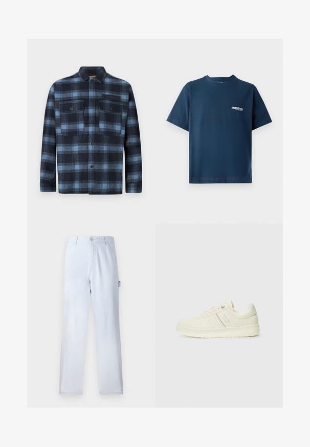 Košulja dugih rukava s dugmadi, s plavim i crnim kariranim uzorkom, dvije prednje džepne košulje s dugmadima i malom oznakom "Replay" na lijevom džepu.; Tamno plavi pamučni majica s kratkim rukavima i okruglim izrezom. Ima mali bijeli logo na lijevoj strani prsnog područja. Mekana tekstura.; Svijetloplave prugaste hlače od pamuka. Dizajn ravnih nogavica, s prednjim kopčanjem na gumb i bočnim džepovima. Mekana tekstura.; Kremasto bijele tenisice s perforiranim detaljima, vezicama i logotipom s bočne strane, prikazane na jednostavnoj bijeloj pozadini.