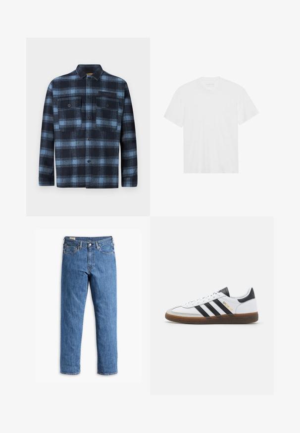 Camicia a maniche lunghe con bottoni, in fantasia a quadri blu e nera, due tasche frontali con bottoni sul petto e una piccola etichetta "Replay" sulla tasca sinistra.; T-shirt bianco in cotone con maniche corte, scollatura a girocollo e orlo dritto. Tessuto liscio, design minimalista senza motivi o dettagli.; Jeans in denim blu con taglio dritto, rivetti in rame e design a cinque tasche. Presentano un orlo cucito e una vita classica con passanti per cintura.; Sneaker in pelle bianca con dettagli in suede neri, tre strisce nere, suola in gomma beige e branding dorato "SPEZIAL" di lato.