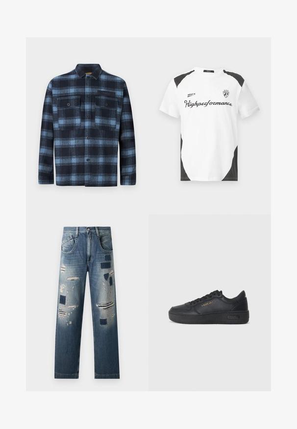 Button-up long-sleeve shirt with blue and black plaid pattern, two front buttoned chest pockets, and a small "Replay" label on the left pocket.; White short-sleeve t-shirt with black accents. Features "REPLAY FC" logo and "Highpeformance" text in a sporty font. Made from a smooth material.; Denim jeans with distressed patches and varying shades of blue, featuring a straight-leg cut and traditional five-pocket design.; Replay EPIC HIGH - Trainers - black