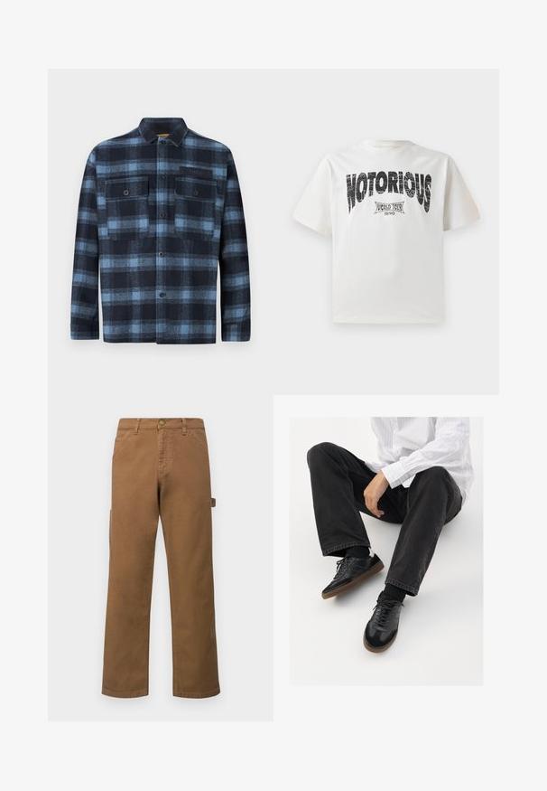 Košile s dlouhým rukávem na knoflíky s modro-černou kostkovanou vzorováním, dvěma předními knoflíkovými kapsami na hrudi a malou nálepkou "Replay" na levé kapse.; Bílý bavlněný tričko s krátkým rukávem, které obsahuje výrazný černý grafický text "NOTORIOUS" a design "WORLD TOUR 1990" níže v opotřebovaném tisku.; Hnědé bavlněné cargo kalhoty se rovnými nohavicemi, které mají boční kapsy a kovové zapínání v pase. Hladký povrch a ležérní design.; Černé tenisky se hladkým a texturovaným svrškem, s kaučukovou podešví a tmavými šňůrkami. Skombinované s černými džínami a bílou proužkovanou košilí.