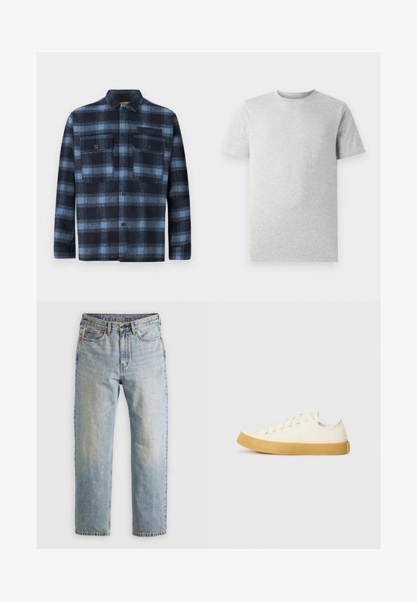 Knappt skjorte med lange ermer i blå og svart rutete mønster, to frontlommeposer med knapp og en liten "Replay"-label på venstre lomme.; Lys grå kortermet T-skjorte med rund hals vist på hvit bakgrunn, frontvinkel uten synlige logoer eller design.; Lys blå denim jeans med høy midje, frontknapp, glidelås og fem-lommers design, lagt flatt på en nøytral bakgrunn.; Canvas sneakers i off-white med rund tå, med beige gummisåler og fem hull for lisser, strukturert finish på overdelen.