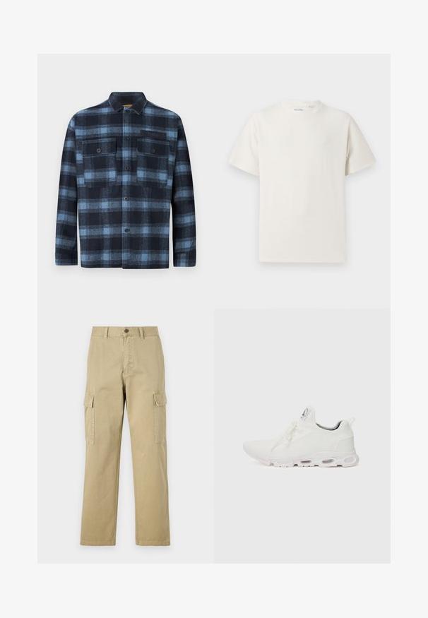 Overhemd met lange mouwen, knopen aan de voorkant, in een blauw en zwart ruitpatroon, met twee knoopzakken op de borst en een klein "Replay" label op de linker zak.; Witte korte mouwen T-shirt met ribbelstructuur. Ronde hals, ontspannen pasvorm, geen zichtbare patronen of accenten. Eenvoudig en veelzijdig ontwerp.; Beige cargobroek van katoen, met twee zijzakken, een knoopsluiting en rechte pijpen van een licht gestructureerde stof.; Witte sportieve schoenen met een gestructureerde gebreide bovenkant, platte veters en een gevoerde zool met zichtbare luchtkamers voor extra ondersteuning.