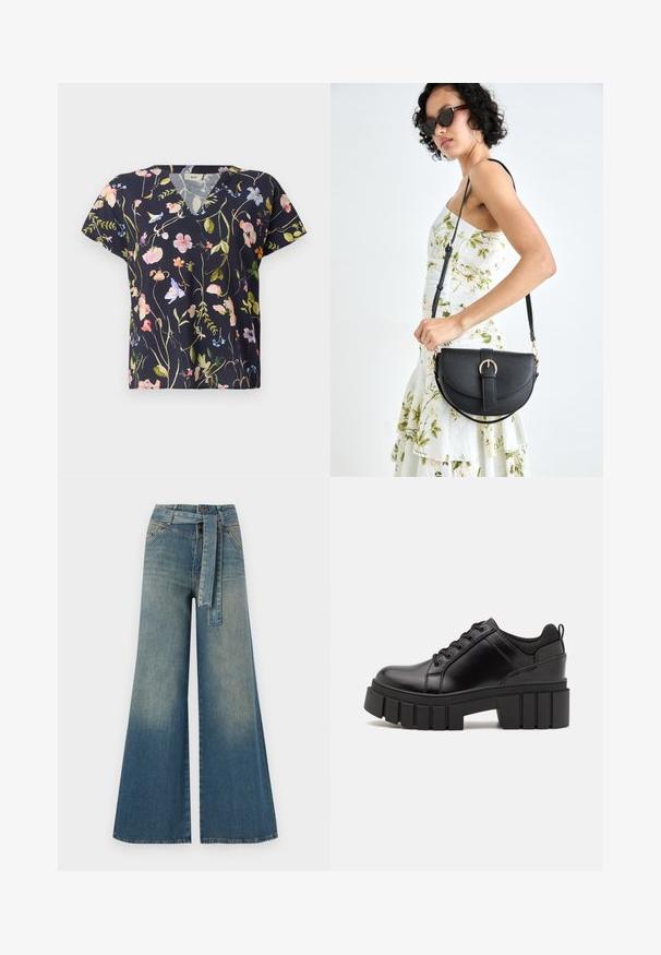 Cvečni V-izrez majica v mornarsko modri tkanini, z večbarvnimi cvetličnimi vzorci in kratkimi rokavi. Lahka, z udobnim krojem.; Široke jeans hlače z gradientom od svetlo do temno modre, visokim pasom, zankami za pas in pasom iz istega materiala. Tekstura denim končnica.; Črne usnjene platforme z debelim blokastim petam, okroglo konico in klasičnim vezanjem. Imajo gladko teksturo in minimalne podrobnosti.; Črna usnjena torbica s ukrivljeno obliko, z odstranljivo naramnico in zlatimi dodatki. Torbica ima pokrov s podrobnostmi v obliki zaponke.