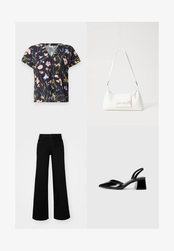Blomstrete V-hals T-skjorte i marineblått stoff, med flerfargede blomstermønstre og kortermede ermer. Lettvektig med en avslappet passform.; Svart vide bukser laget av denim, med en strukturert midjebånd, beltestropper og frontlommer. Glatt tekstur med et klassisk design.; Svarte patentlær slingback hæler med spiss tå og geometrisk blokk hæl. Har et stilrent, minimalistisk design og jevn tekstur.; Hvit syntetisk håndveske med trekantet form, flat klaff foran og sløyfe detaljer, justerbar stropp, glatt tekstur og minimalistisk design.