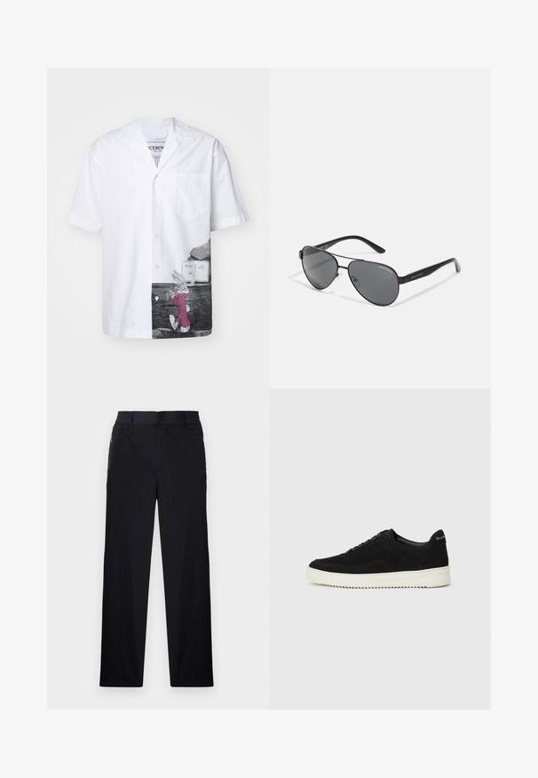 Iceberg - Koszula; Czarne spodnie wykonane z lekkiego, teksturowanego materiału, o prostym kroju, z elastycznym paskiem i bocznymi kieszeniami na zamek.; Czarne zamszowe sneakersy z designem na sznurówki i kontrastującą białą gumową podeszwą. Posiadają teksturowane boczne panele oraz subtelne logo na pięcie.; Czarne okulary przeciwsłoneczne w stylu aviator z ciemnymi soczewkami, cienką metalową ramą i smukłymi plastikowymi zausznikami z akcentami logo.