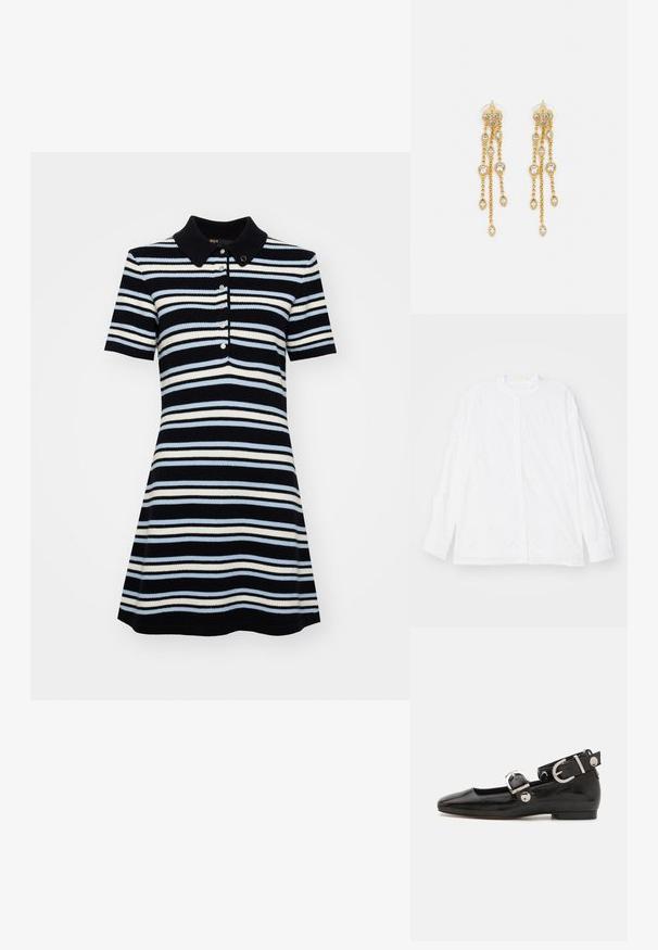 Erdem LONG SLEEVE OPEN BACK - Camicia - white; Abito polo a maniche corte con corsetto aderente e gonna svasata, caratterizzato da righe orizzontali navy, azzurro e bianco, e tre bottoni.; Scarpa flat in vernice nera con punta quadrata, cinturino alla caviglia con hardware in argento e suola piatta. Texture liscia con design minimalista.; Borsa a tracolla in pelle nera con dettagli a frangia, catena dorata e manico ritagliato. Presenta il logo sulla parte anteriore.; Orecchini dorati con molteplici catene a cascata, dotati di accenti in strass ovali trasparenti e parte superiore decorativa a perno.