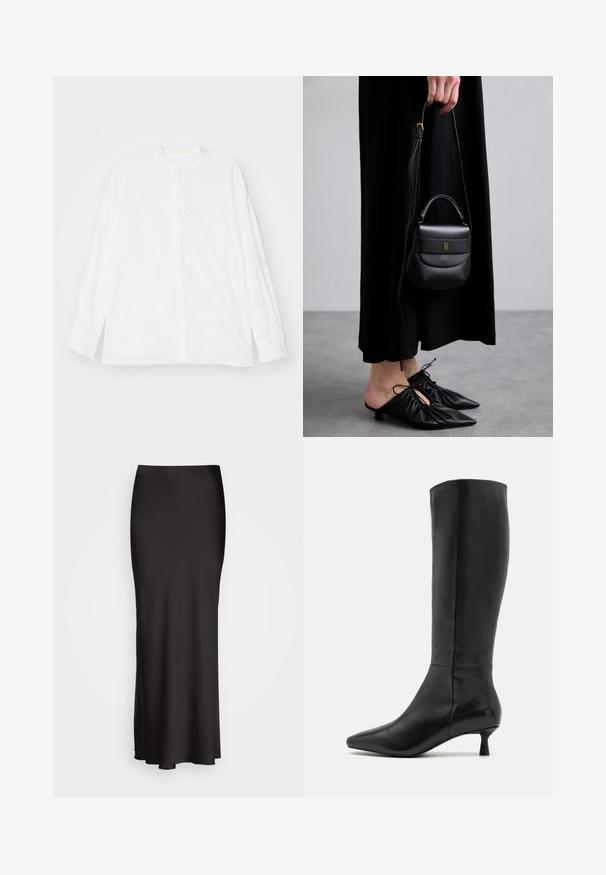 Erdem LONG SLEEVE OPEN BACK - Gombos blúz - white; Fekete, padlóig érő selymes hatású szoknya, sima textúrával, testhez simuló derékkal és A-vonalú sziluettel, látható díszítések vagy minták nélkül.; Zign Csizmák - black; Kis fekete bőrtáska kerekded formával, felső fogantyúval és levehető pánttal. Fekete szövetruhával és fekete redőzött cipőkkel viselve.