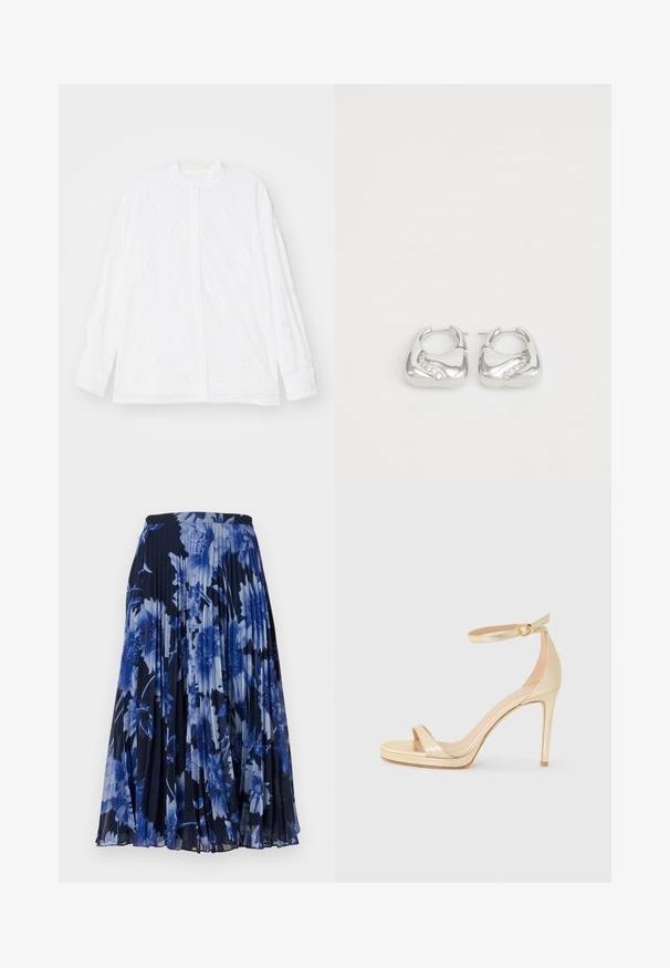 Erdem LONG SLEEVE OPEN BACK - Button-down blouse - white; Pleated skirt in a dark navy fabric featuring a large floral print in various shades of blue. Elastic waistband for comfort.; Gold metallic high-heeled sandal with an open toe, ankle strap with a buckle, and a platform sole for added height. Smooth texture.; Silver hoop earrings with a smooth, rounded design and a wavy accent featuring small, clear rhinestones along one edge.