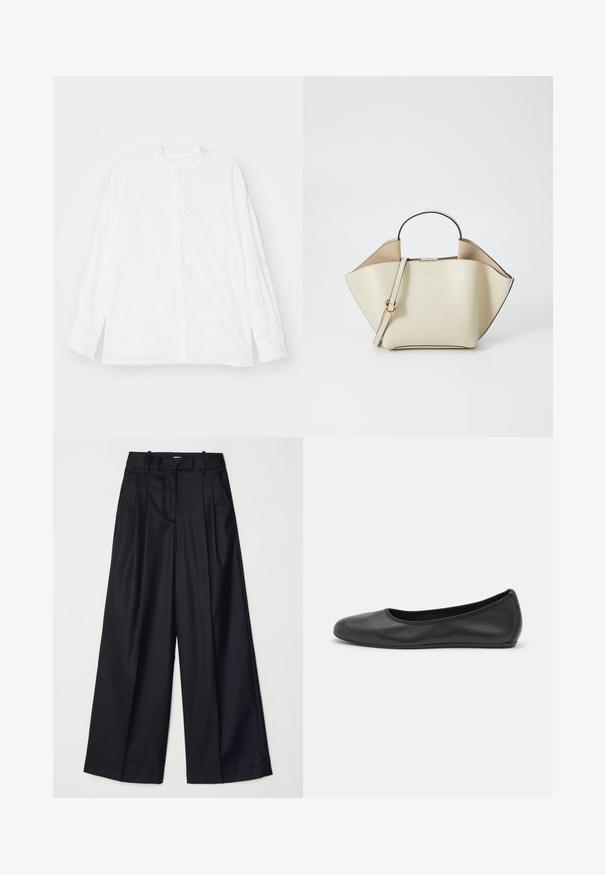 Erdem LONG SLEEVE OPEN BACK - Overhemdblouse - white; Zwarte wijde broek van soepel materiaal, met een hoge taille, plooien en een getailleerd ontwerp. Eenvoudige zwarte details bij de taille.; Zwarte leren ballerina met een ronde neus, gladde textuur, minimale stikdetails en een flexibele zoolontwerp.; Ree Projects ANN - Handtas - beige