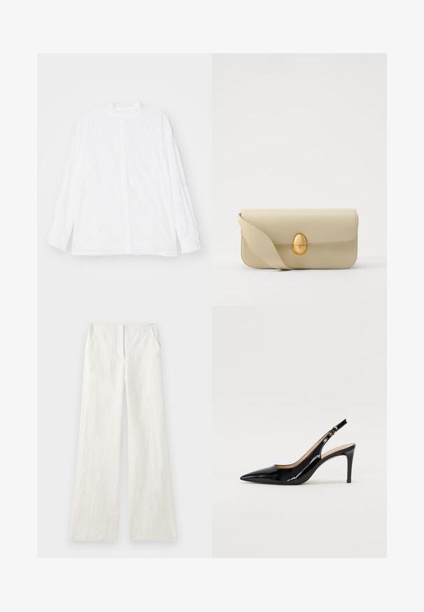 Erdem LONG SLEEVE OPEN BACK - Nööpidega pluus - white; Laia-lõngaga lõdvad püksid kreemjas valges, millel on sile tekstuur, eespuuked ja küljetaskud. Lihtne, kaunistusteta disain.; Must hõbedavärvi patendiga slingback kontsakingad terava varbaga, kitsas konts ja peene lõikega disain. Statistika on kuldne pandla rihmal.; Beež nahast käekott, millel on sile tekstuur, ristküliku kujuline ja kuldne ovaalne lukustus. Omab pikka, reguleeritavat rihma.
