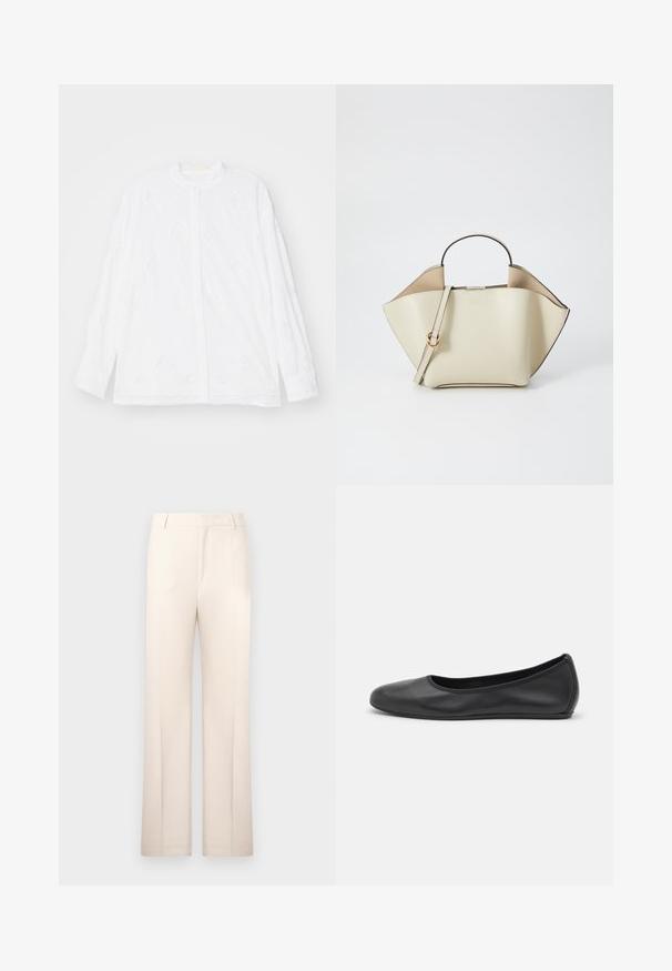 Erdem LONG SLEEVE OPEN BACK - Camicia - white; Pantaloni beige su misura con design a gamba dritta, realizzati in tessuto leggero. Presentano pieghe frontali e una cintura classica.; Pantofole da balletto nere in pelle con punta arrotondata, texture liscia, dettagli di cucitura minimi e design con suola flessibile.; Ree Projects ANN - Borsa a mano - beige