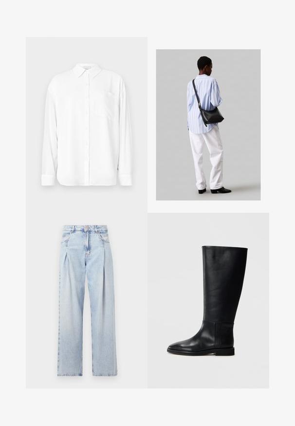 Fehér, hosszú ujjú ing, sima anyagból készült, klasszikus gallérral, gombos elülső résszel és bal oldali mellzsebbel.; Világoskék farmernadrág magas derekú, bő szabású, két oldalsó zsebbel és pliszírozott dizájnnal. Puha tapintású, elhalványított felület.; Fekete bőrből készült, térd fölé érő csizma, lekerekített orral, sima felülettel, minimalista dizájnnal és lapos talppal. Egyszerű varrási részletek a szárán.; Fekete bőr válltáska puha tapintással, háromszög alakú, állítható pánttal, világoskék csíkos inggel és fehér nadrággal párosítva.