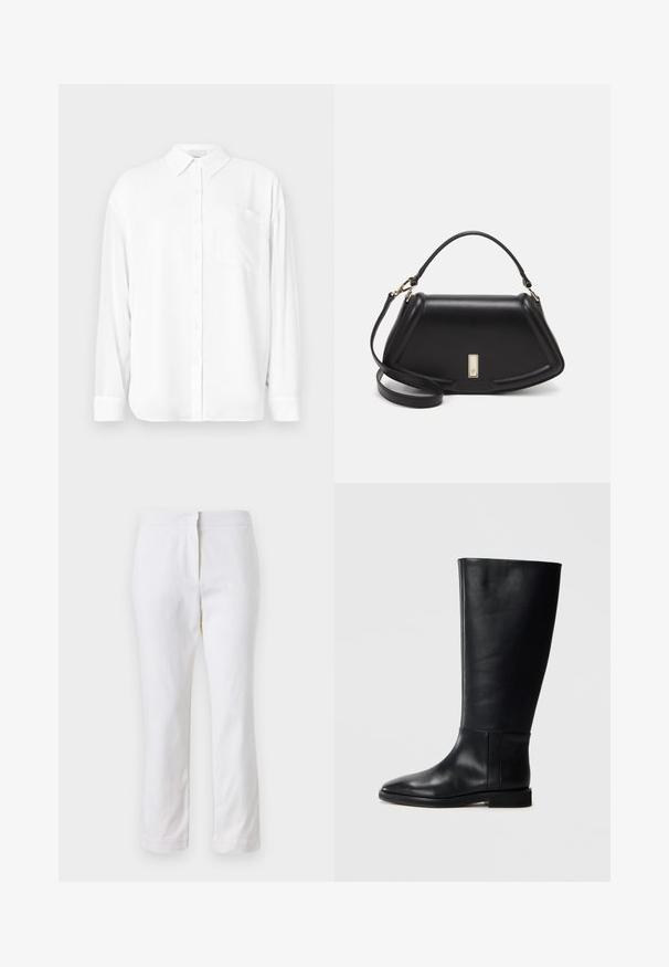 Camicia bianca a maniche lunghe realizzata in tessuto liscio, con colletto classico, chiusura a bottoni e taschino sul lato sinistro.; Pantaloni bianchi in cotone con design a gamba dritta, caratterizzati da una vita a media altezza e senza hardware o motivi visibili. Tessuto liscio su tutta la superficie.; Stivale in pelle nera al ginocchio con punta arrotondata, texture liscia, design minimalista e suola piatta. Dettagli di cucitura semplici sulla gamba.; Borsa a mano in pelle nera con un design strutturato, caratterizzata da una forma corta, manico superiore e accessori in metallo dorato. Inclusa tracolla regolabile.